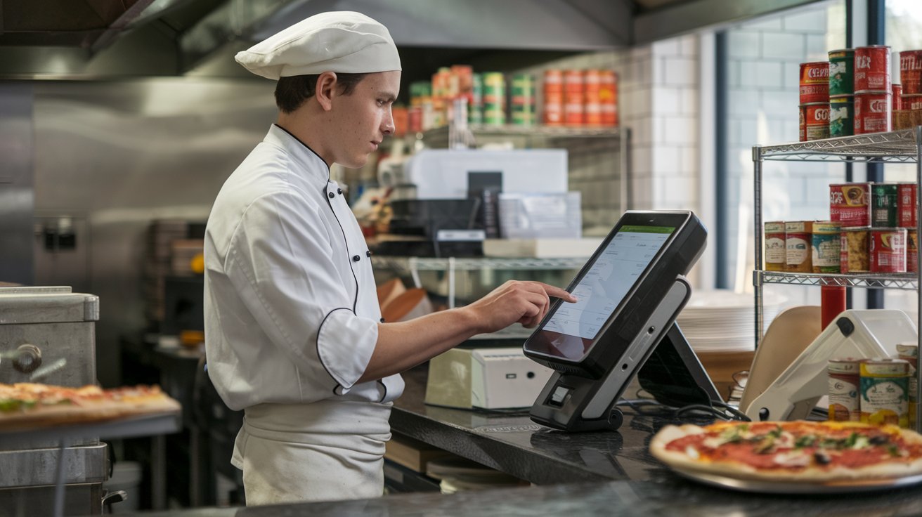 Chef managing pizza inventory with an efficient POS system for seamless kitchen operations.