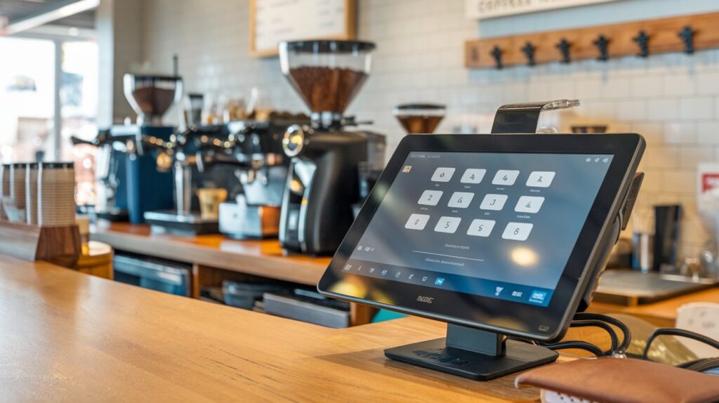 POS system for coffee shops managing inventory and sales in a cozy cafe setting