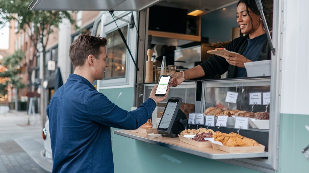 Customers enjoying quick payments with cloud-based POS systems at a food truck