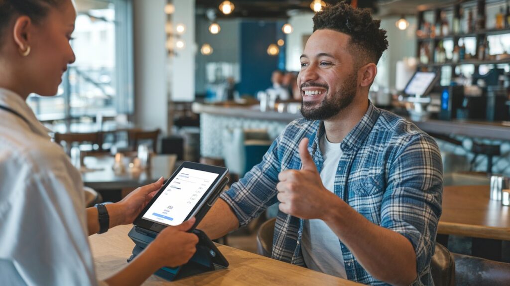 A happy customer receiving service in a restaurant, with staff efficiently using PAYS POS on tablets to manage orders and enhance customer satisfaction.