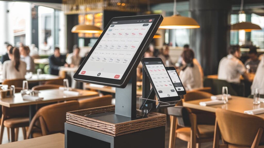 POS System for Restaurants: A modern POS terminal and mobile devices boosting service efficiency in a busy restaurant.