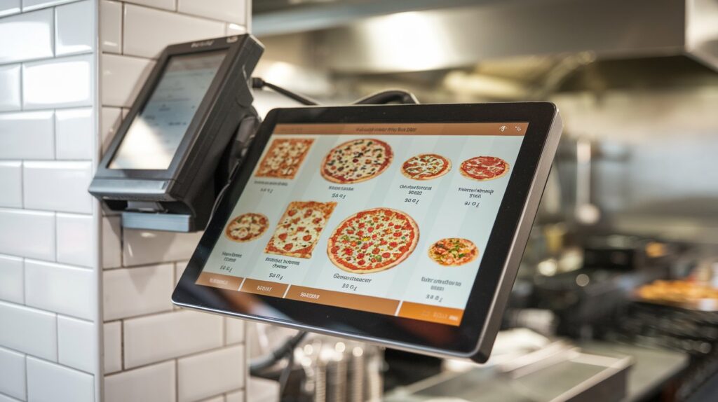 Close-up view of the best POS for pizza shop showcasing an interactive pizza menu for easy selection.