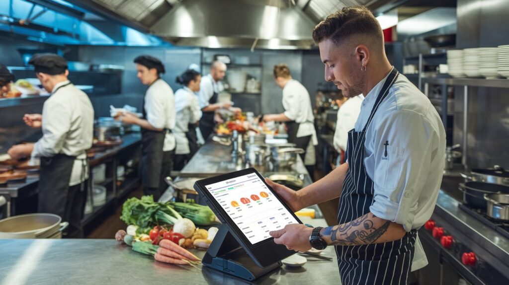 POS System for Restaurants: Manager viewing sales and inventory data on a POS dashboard in an active restaurant kitchen.