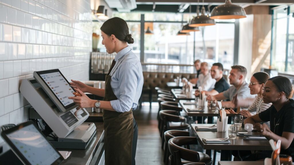 Manager training employees on using a restaurant POS system.