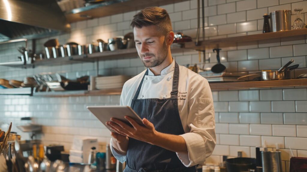 Restaurant manager analyzing sales data via a POS system for insights.