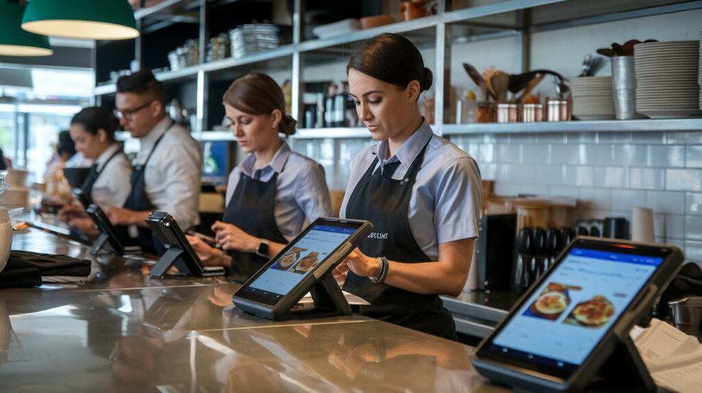  Restaurant staff using Android Point of Sale software for efficient table management and orders. 