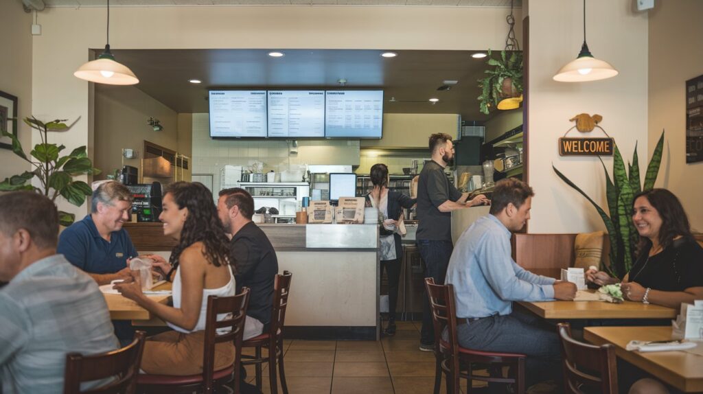 Happy customers dining in a small restaurant with a POS system in the background.