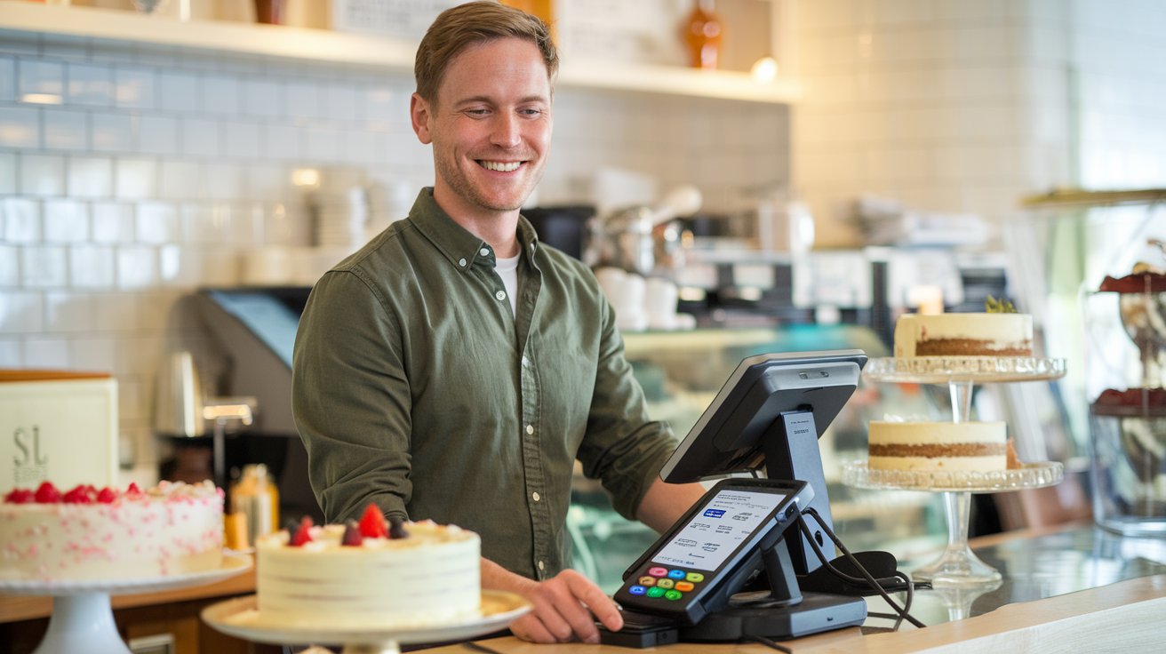 Cafe owner using a POS system with multiple payment options available.