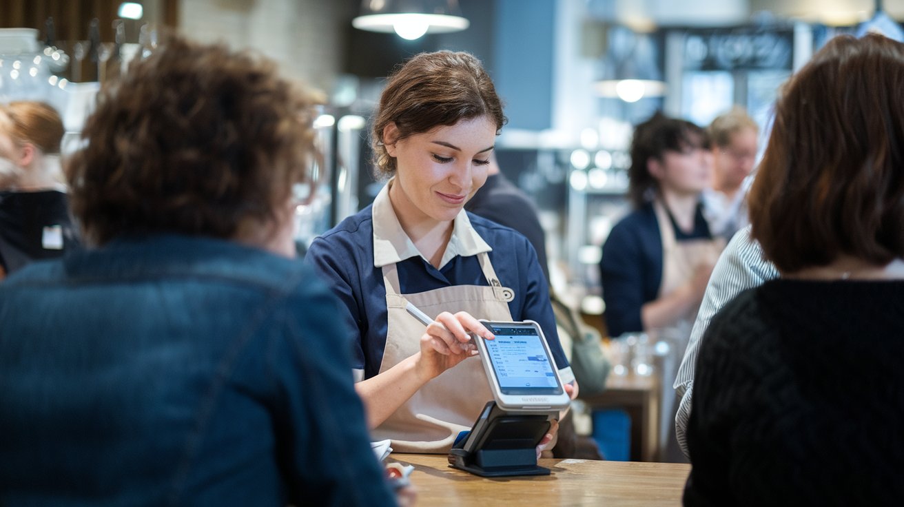 Staff member taking customer orders with a mobile POS system for convenience.