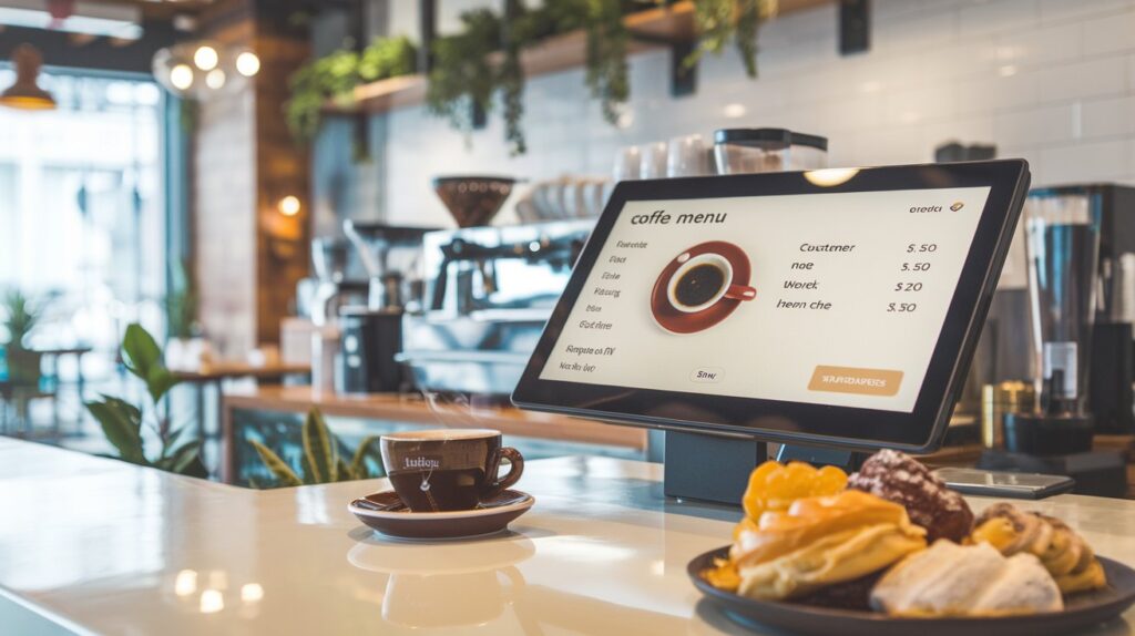 POS system interface with coffee orders in a stylish cafe setting.