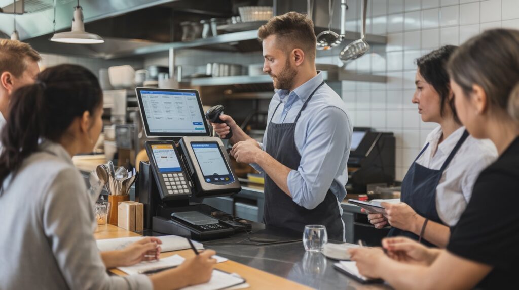 Restaurant staff learning to operate a new POS system.