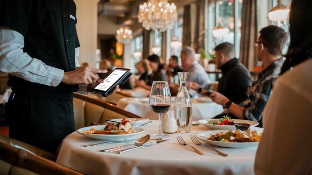 Waiter utilizing a mobile POS device for table-side order taking, enhancing customer service