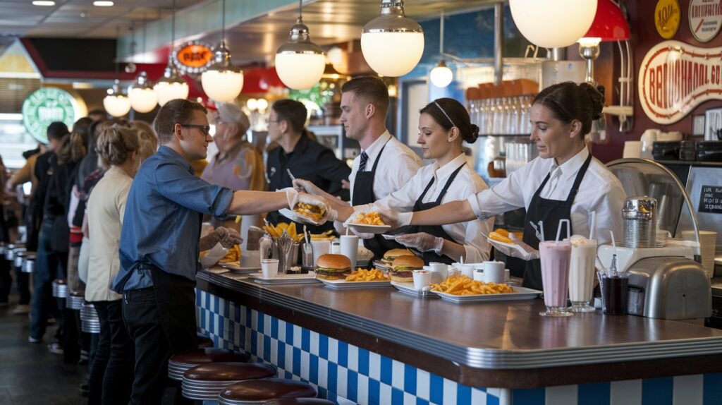 Friendly staff serving customers in a busy diner setting