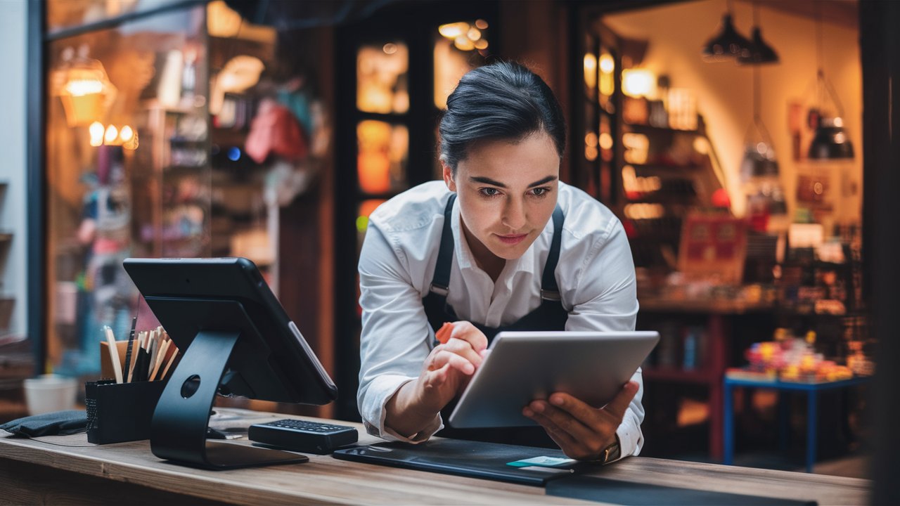 Small business owner reviewing data from a POS system for retail store to improve strategies.