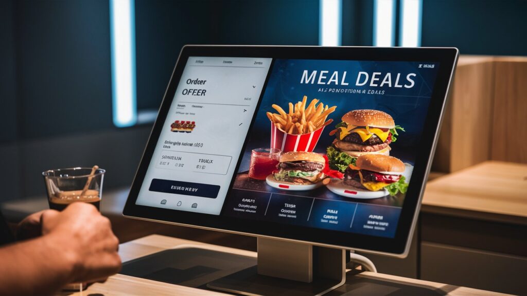 Restaurant Promotions: POS system displaying customer orders and active meal promotions in a busy restaurant