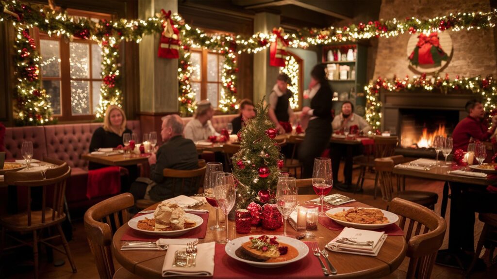 Festive holiday decor in a restaurant with families celebrating and dining together.