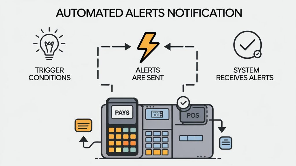 Visual representation of automated alerts notification process for POS systems, showing trigger conditions, alert notifications, and system acknowledgment.