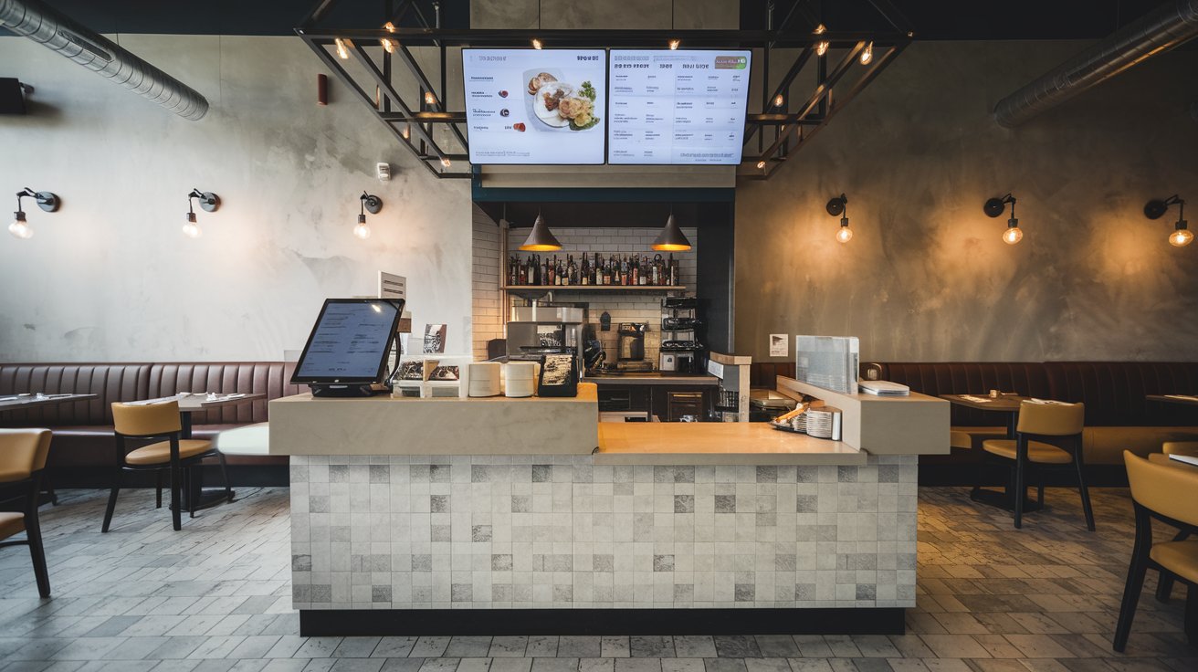 Interior view of a restaurant with a complete POS system integrated into the service counter, illustrating modern technology in action.