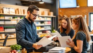 Business owner setting up POS system with employees reviewing training materials for Customer Relationship Management Software