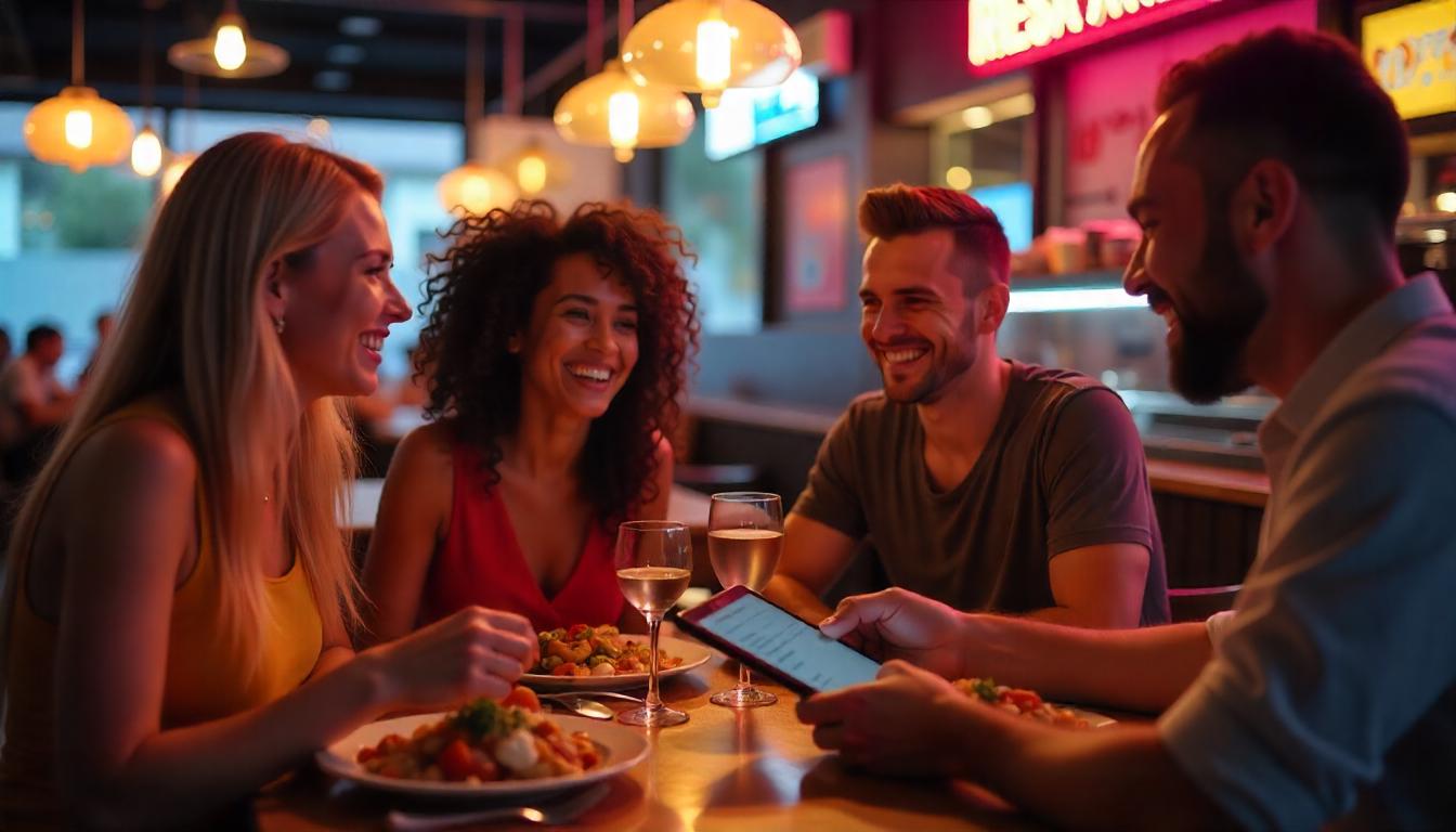 Diners enjoying their meal while the server uses a mobile Restaurant POS System for table-side ordering