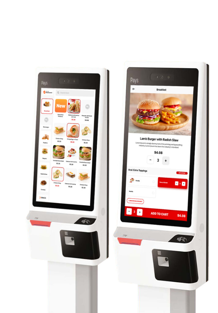 Self-Service Kiosks from Pays POS displaying a restaurant menu with options to customize and add items to the cart