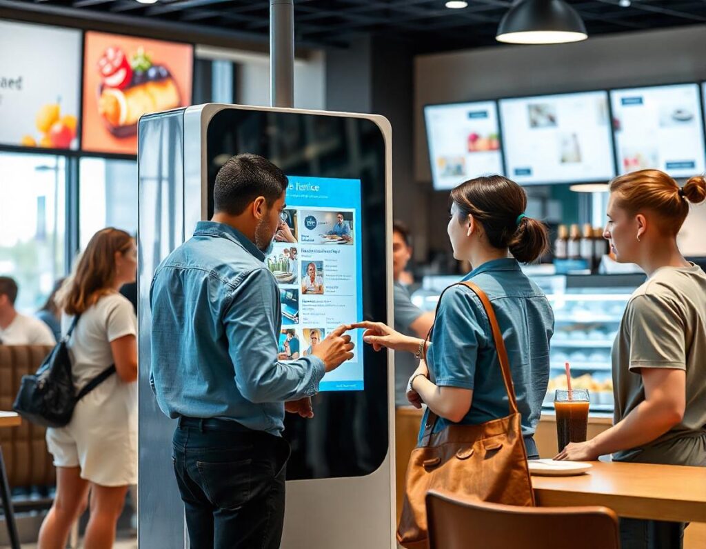 Customers interacting with a digital kiosk screen in a modern restaurant, exploring menu options and placing orders