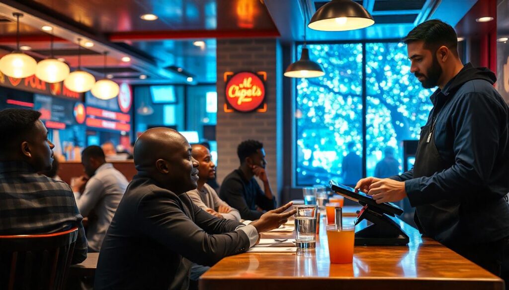 Staff using mobile POS devices for efficient table-side ordering in a bustling restaurant environment.