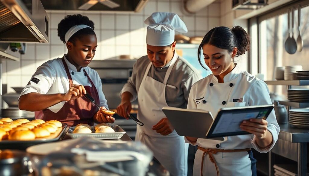 Restaurant kitchen with chefs and a tablet showing real-time inventory management software.