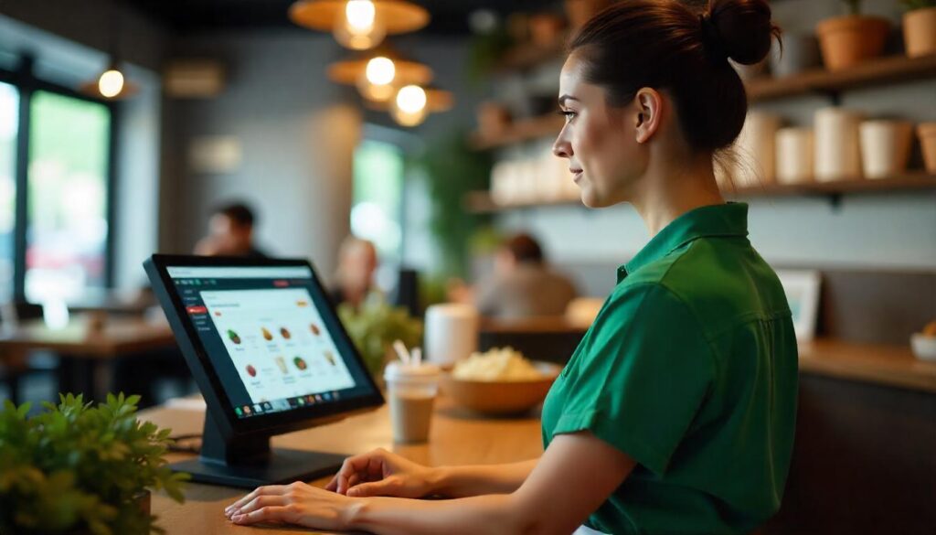 Restaurant manager using POS to track food inventory levels and stock alerts.