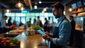 Restaurant manager using tablet for inventory management, showing stock levels and low-stock alerts while customers enjoy their meals