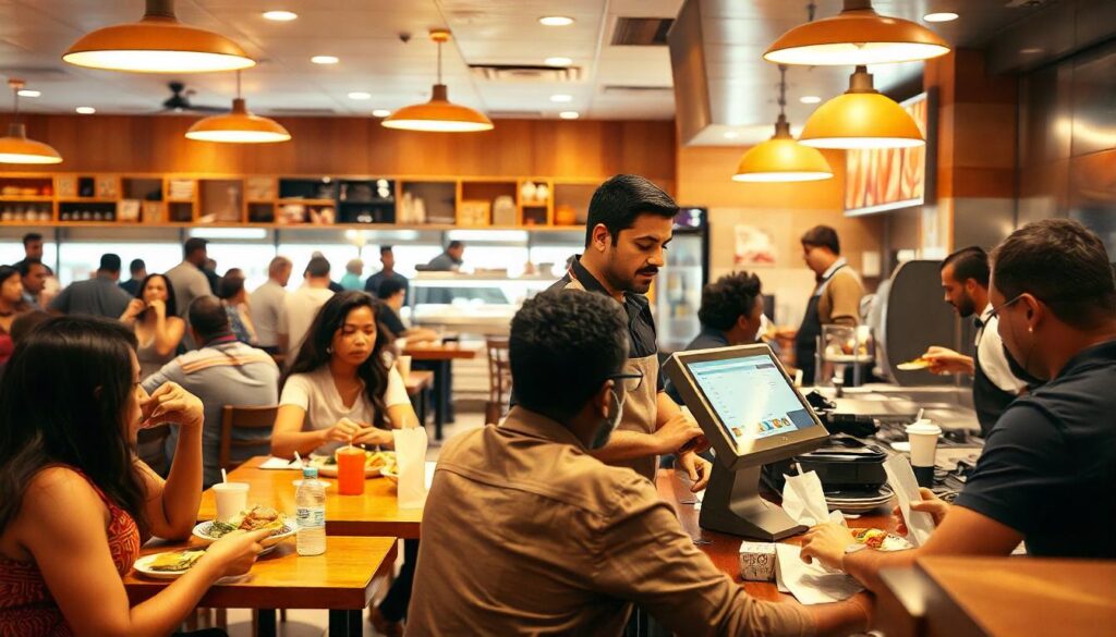 Restaurant staff working in a kitchen with orders displayed on a digital kitchen screen, showing the efficiency of online ordering integration