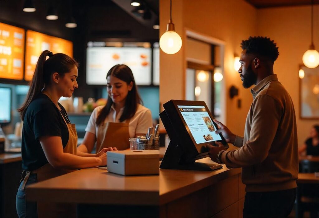  Restaurant staff assisting a customer using a self-service kiosk to place an order, highlighting the convenience of Self-Service Kiosks.