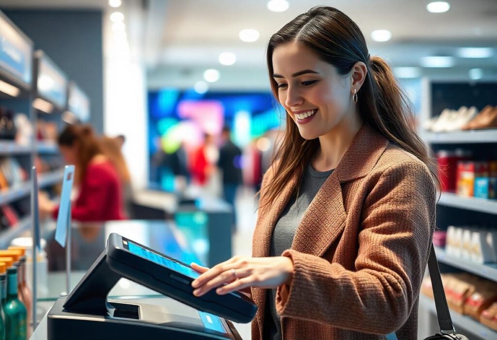 Happy customers make contactless payments at checkout with a modern POS terminal.