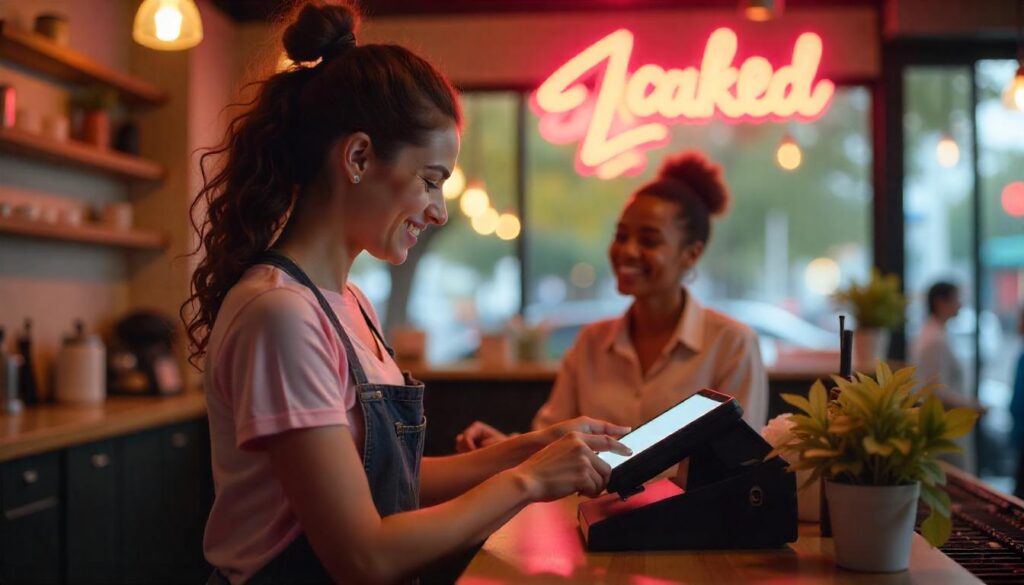 A café cashier using an affordable POS system to process multiple payment methods, including mobile wallets and credit cards.