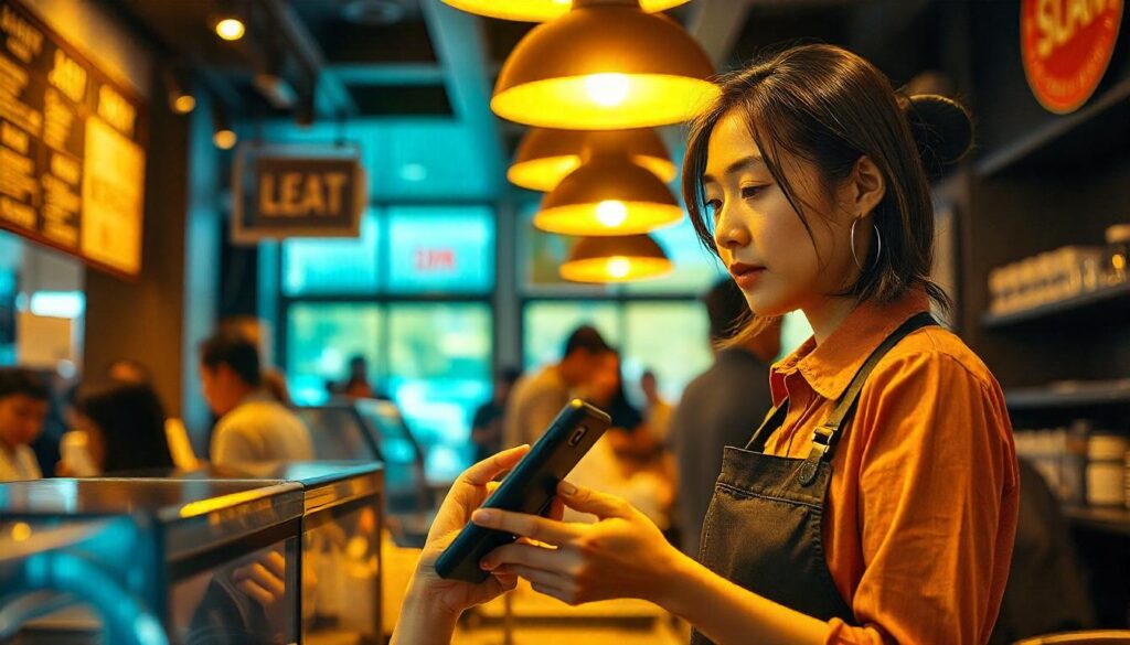 Staff member using a mobile POS device to efficiently take customer orders at a table