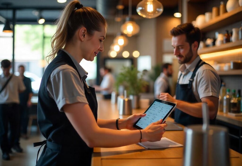 Cloud-based POS systems in a modern cafe for efficient order processing.