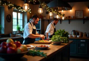 Festive restaurant interior featuring chefs preparing holiday dishes, fresh seasonal ingredients, and showcasing sustainable food waste management practices