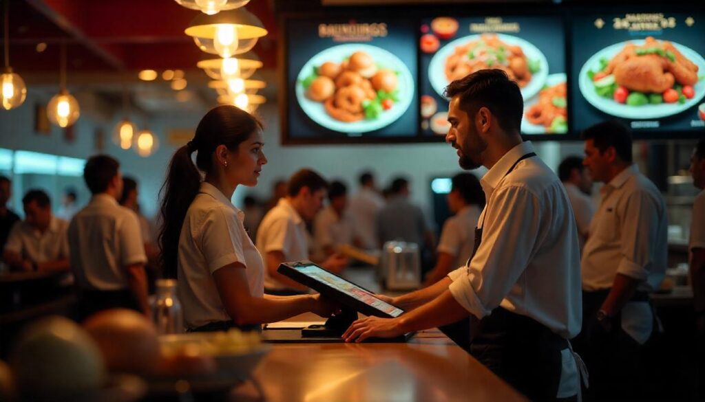 Staff using a touch screen point of sale systems to process orders quickly at the restaurant counter.