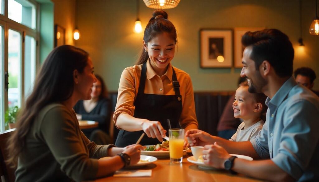 Server taking orders at a table with a portable touch screen point of sale systems for a seamless dining experience.