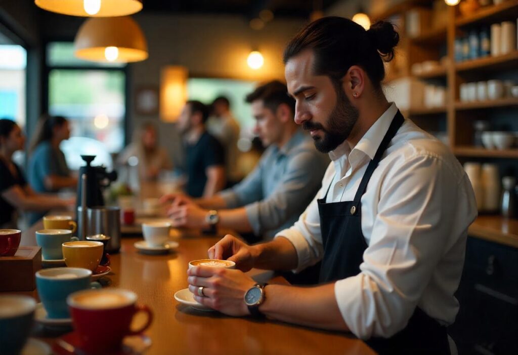 Barista preparing espresso while using inventory management software to track coffee supplies.