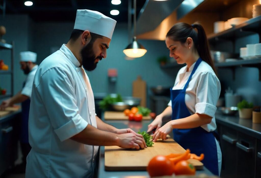 Kitchen staff using cloud-based POS with Kitchen Display System for order accuracy.