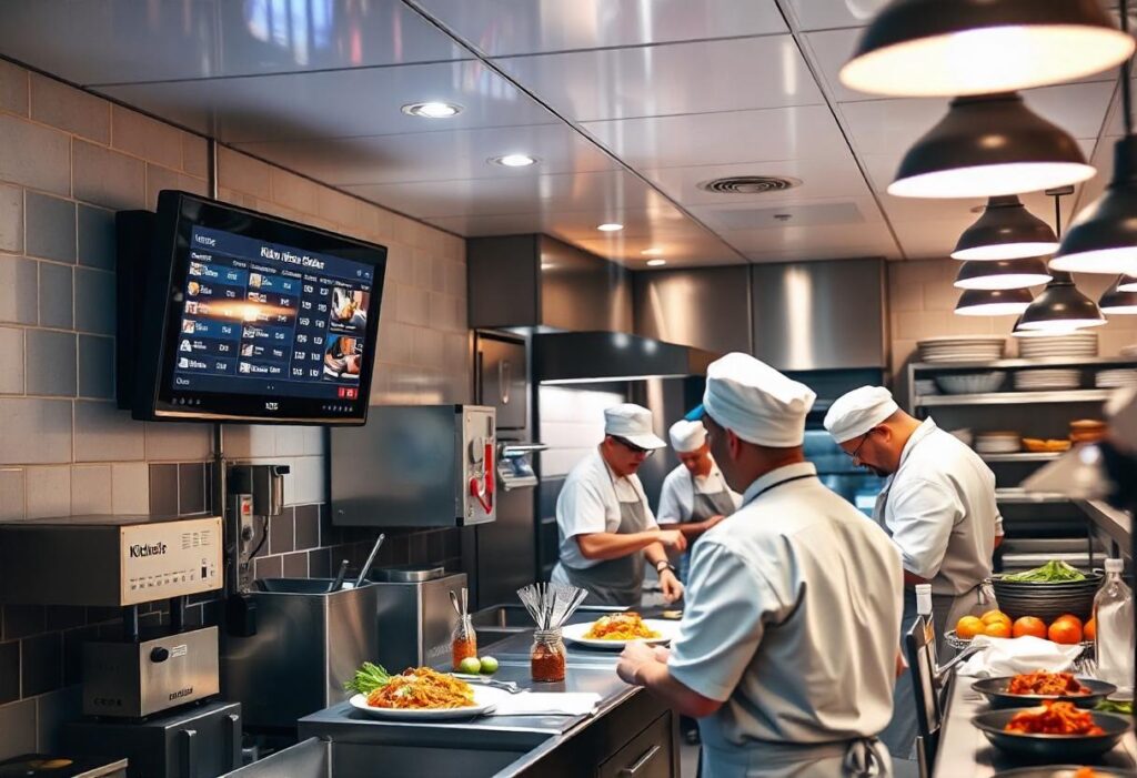 A modern restaurant kitchen with a kitchen display systems (KDS) showing digital order displays while chefs prepare meals.