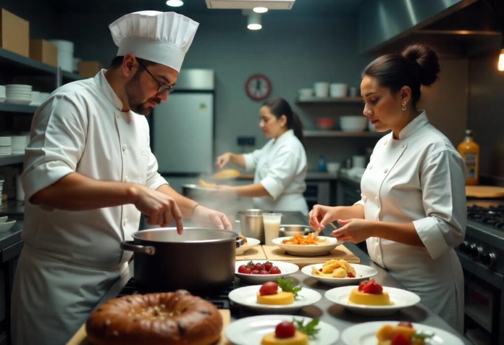 A busy restaurant kitchen where chefs are working efficiently with a Kitchen Display System (KDS) showing live order statuses