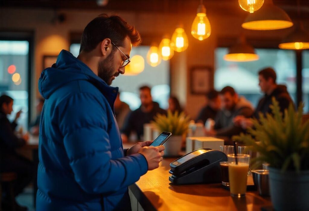 Customer using contactless payments with smartphone at cafe checkout for quick transactions.