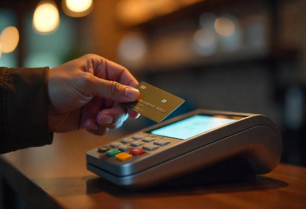 Close-up of contactless payments card being tapped on POS terminal for secure transactions.