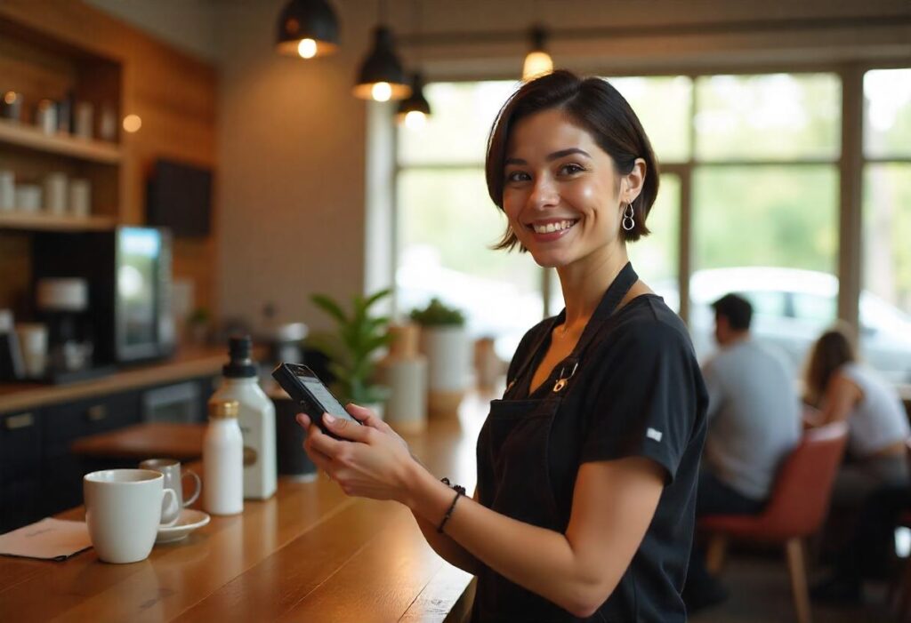 Barista processing contactless payment, enhancing customer experience with fast service."