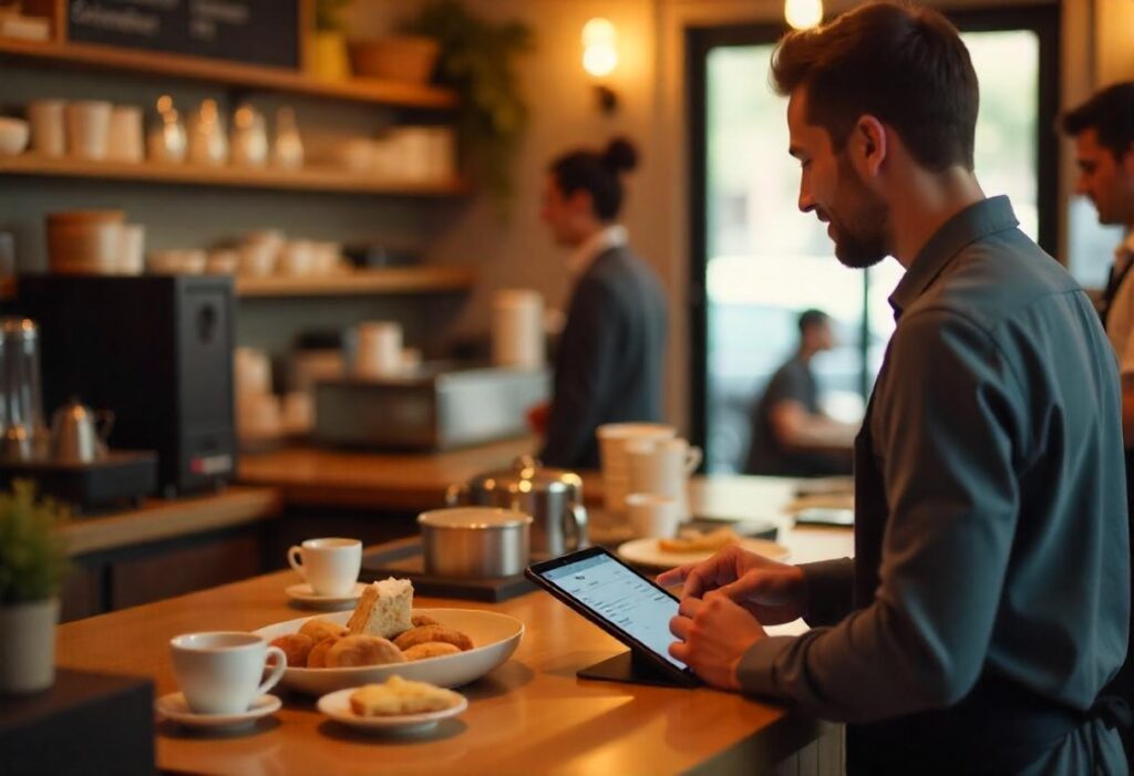 Barista using a modern POS system in a busy cafe to process a customer's payment efficiently. Choose the Right POS System to streamline cafe operations