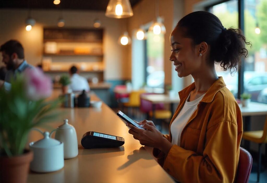  "Customer using mobile payment via smartphone at a cafe, facilitated by a modern POS system. Choose the Right POS System for flexible and convenient payment options.