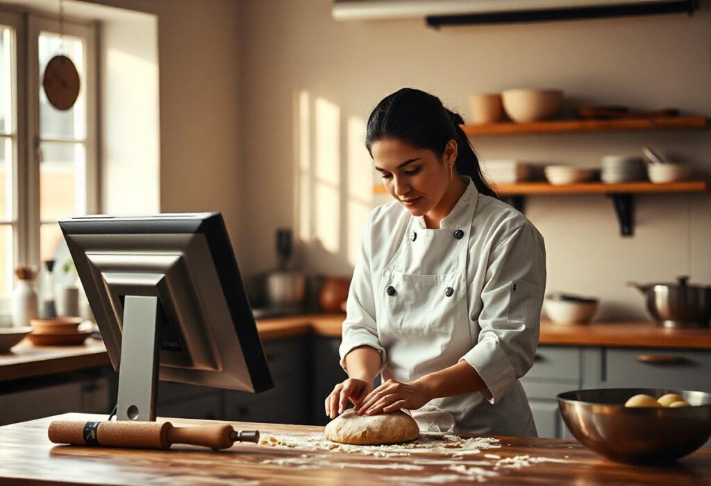 A chef checking order details on a Kitchen Display System (KDS) in a restaurant kitchen to ensure accuracy.