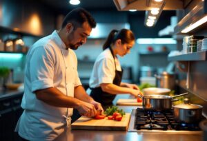 A well-organized restaurant kitchen with a Kitchen Display Systems (KDS) showing orders, enhancing kitchen efficiency